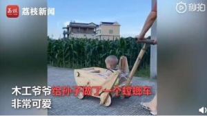 网红木工爷爷和他孙子，木工爷爷给孙子做螳螂车
