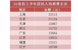 31省份上半年人均消费榜新鲜出炉 钱都花到哪里了