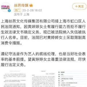 娱乐圈又出“老赖”，女演员黄婷婷被纳入失信被执行人